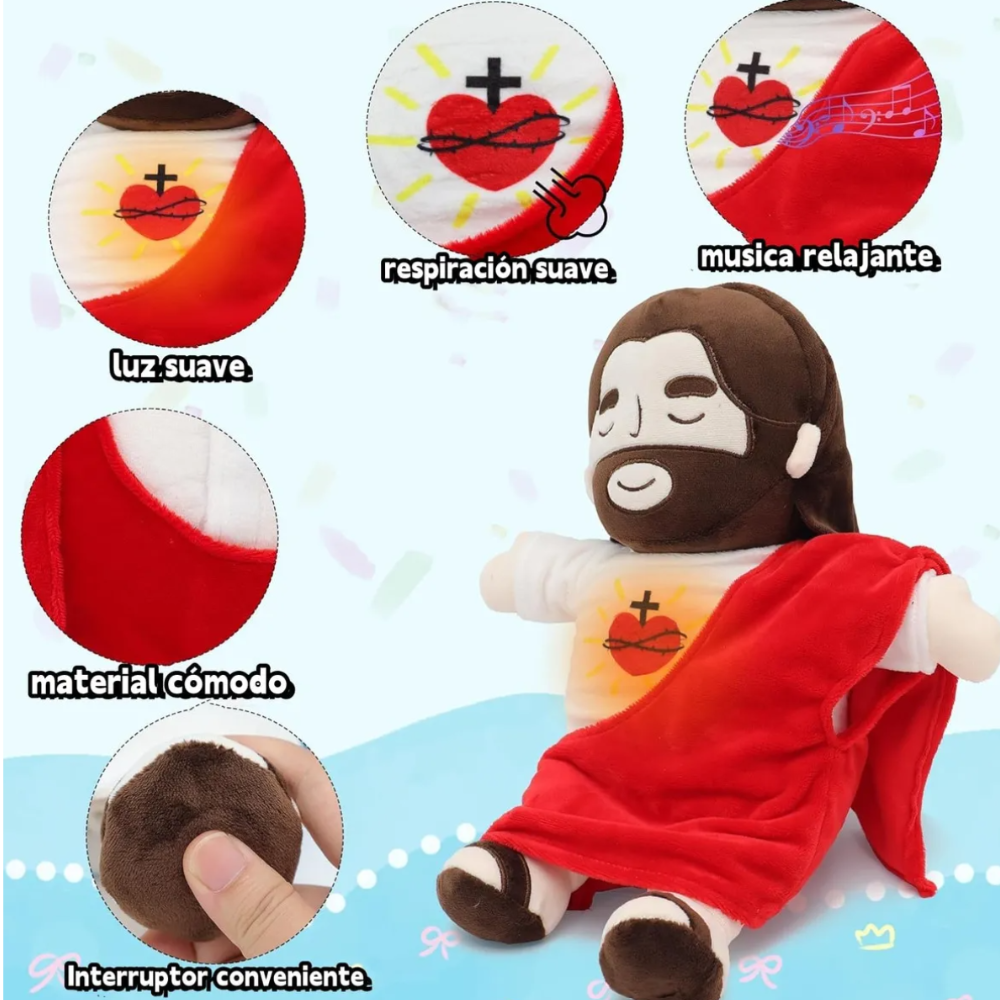 Infografía de los detalles del peluche de Jesús que respira y se ilumina