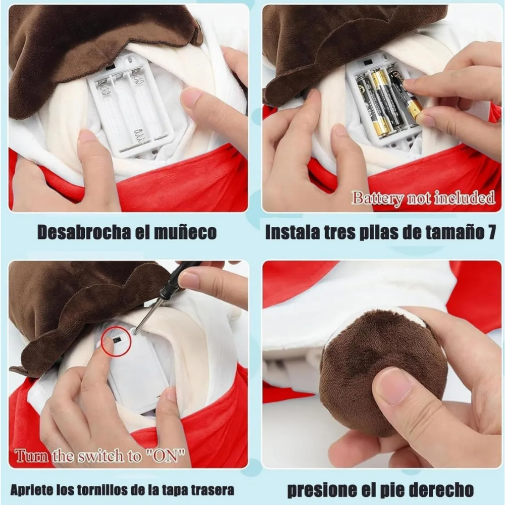 Instructivo de cómo colocar las 3 pilas AAA y encender el peluche de Jesús