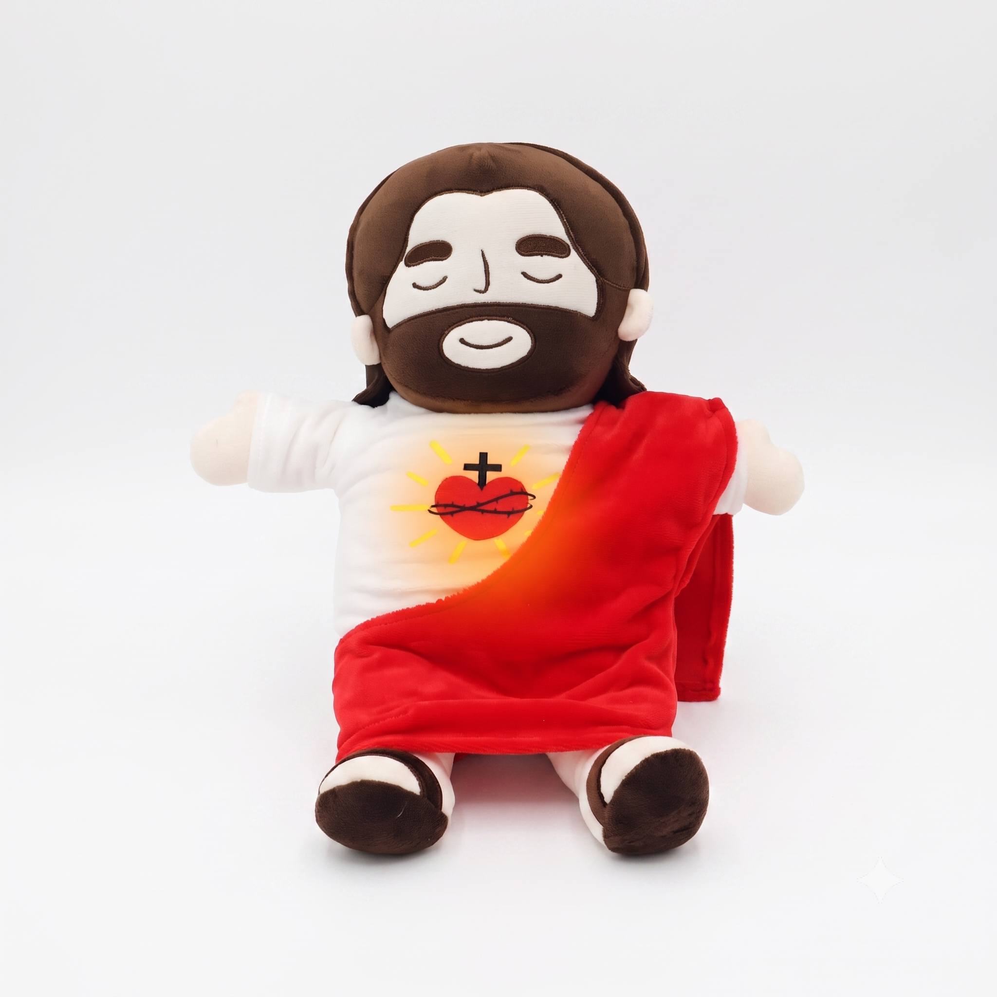 Peluche de Jesús del Sagrado Corazón de 36 cm, con manto rojo y corazón bordado iluminado con luz cálida
