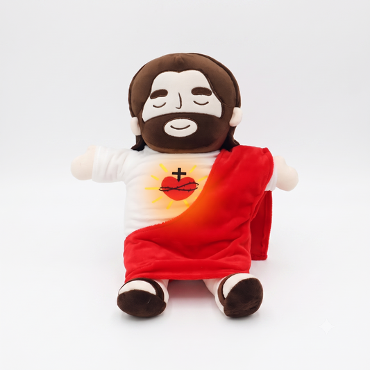 Peluche de Jesús del Sagrado Corazón de 36 cm, con manto rojo y corazón bordado iluminado con luz cálida